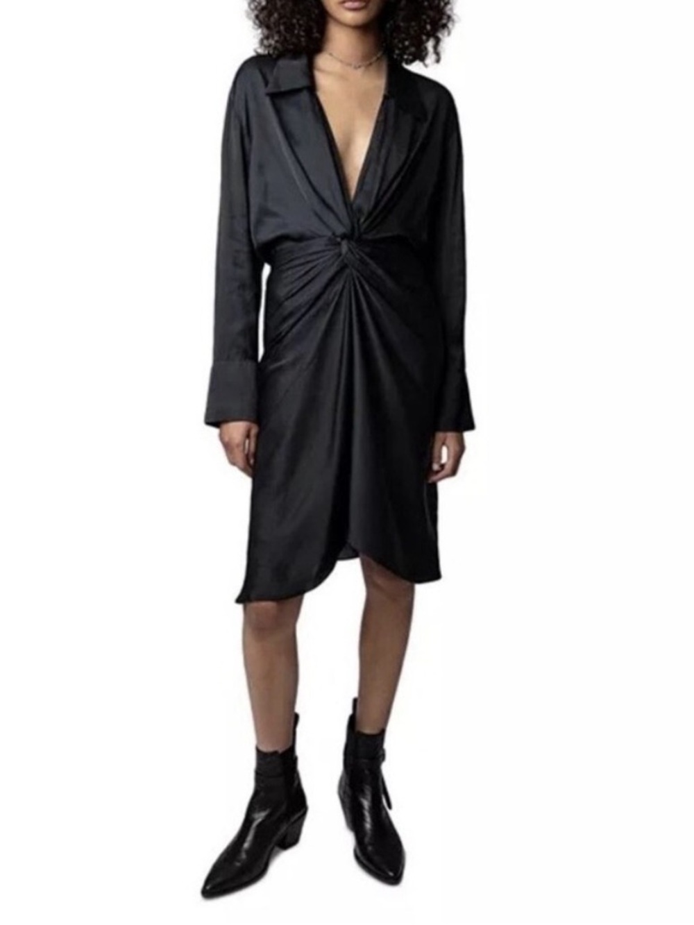 Zadig & Voltaire NWT Rozo Dress Black Knot Front Shirt Dress Satin Designer XS